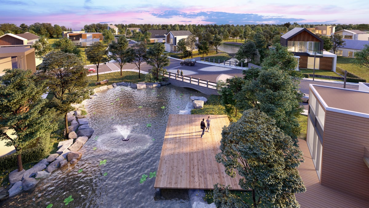 Waterways and wide, tree-lined streets create a relaxing streetscape for future residents of Arden Botanical Village.